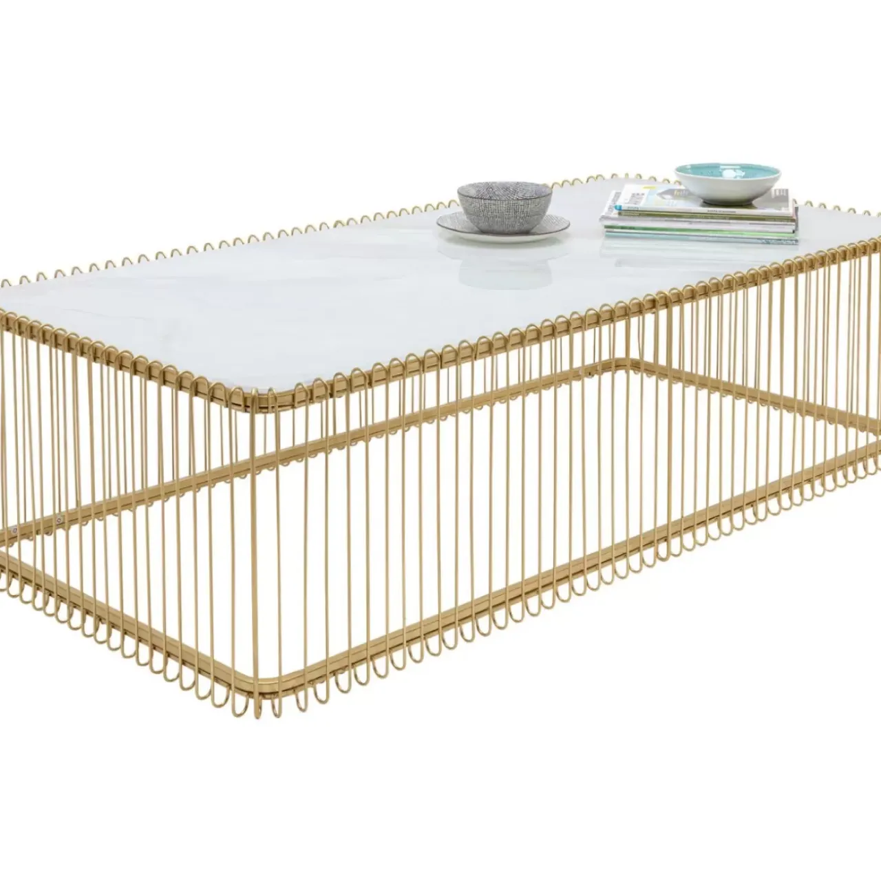 Tische-KARE Design Couchtisch Wire Glas Marble Weis 145X70Cm
