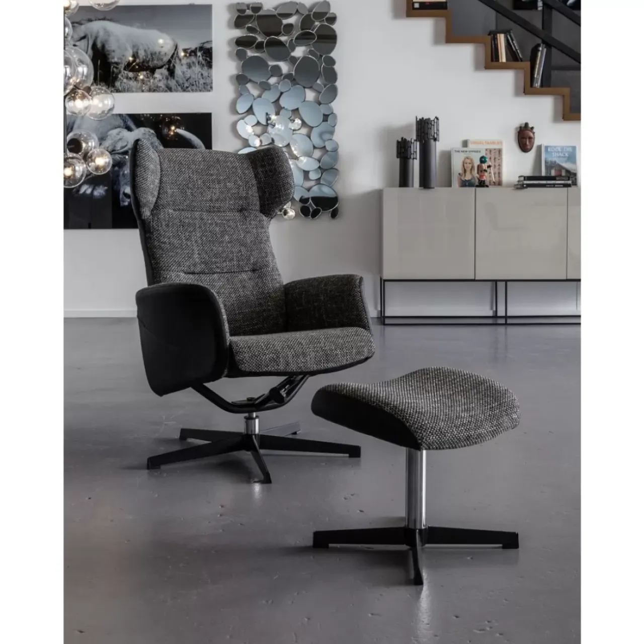 Sessel-KARE Design Drehsessel Mit Hocker Ohio Salt And Pepper
