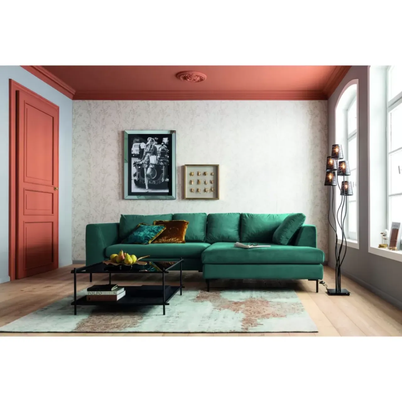 Sofas & Couches-KARE Design Ecksofa Gianni Velvet Dunkelgrun Links Schwarz