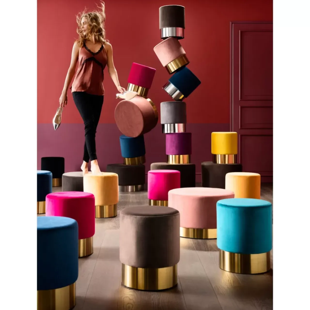 Sitzbänke-KARE Design Hocker Cherry Rose Brass O55Cm
